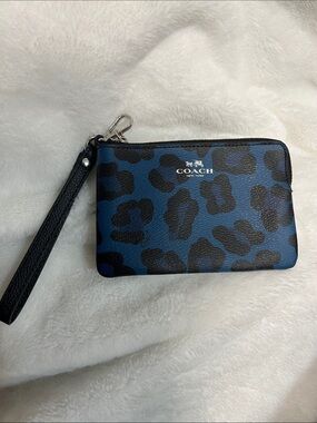 Coach Blue and Black Leopard Print Zip Wristlet